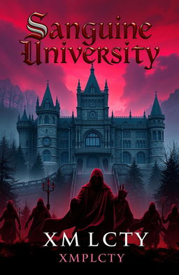 A captivating book cover design for "Sanguine University" by XMPLCTY, a fantasy novel centered around a mystical school for assassins