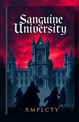 A captivating book cover design for "Sanguine University" by XMPLCTY, a fantasy novel centered around a mystical school for assassins