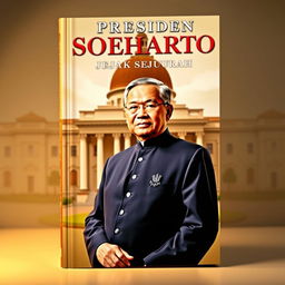 A visually striking book cover featuring President Suharto, depicted in a formal pose, wearing an elegant traditional Indonesian attire