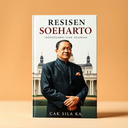 A visually striking book cover featuring President Suharto, depicted in a formal pose, wearing an elegant traditional Indonesian attire