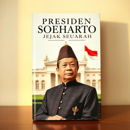 A visually striking book cover featuring President Suharto, depicted in a formal pose, wearing an elegant traditional Indonesian attire