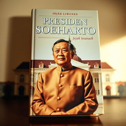 A visually striking book cover featuring President Suharto, depicted in a formal pose, wearing an elegant traditional Indonesian attire