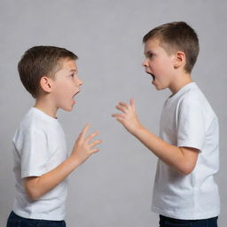 Visualize an image of two siblings in the midst of a heated argument, highlighting their facial expressions and body language