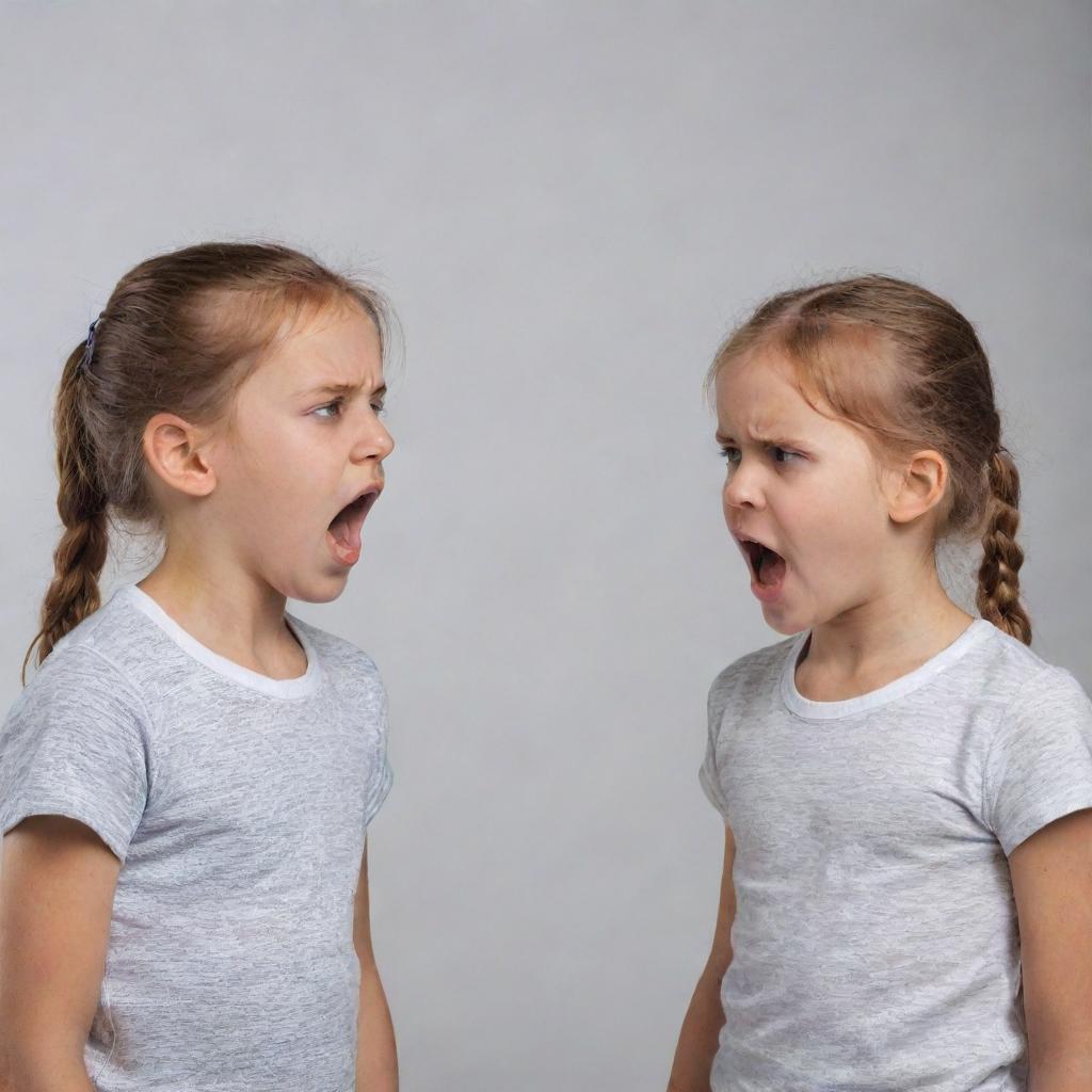 Visualize an image of two siblings in the midst of a heated argument, highlighting their facial expressions and body language