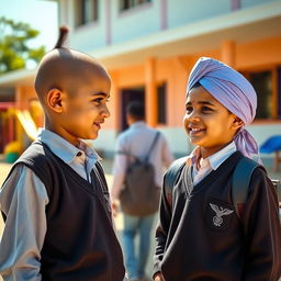 A scene featuring two school boys in a bright and vibrant environment