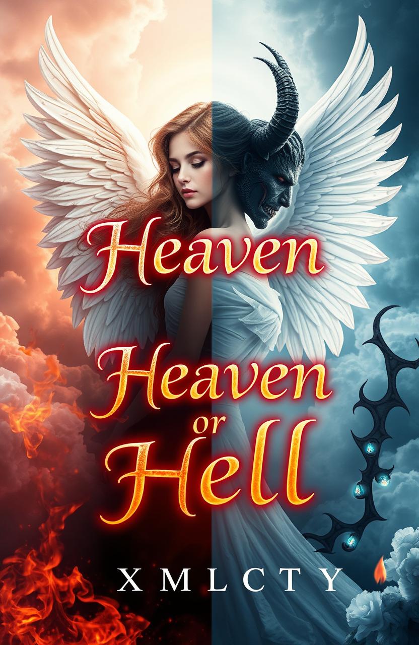 An imaginative book cover design for a fantasy novel titled 'Heaven or Hell' by XMPLCTY