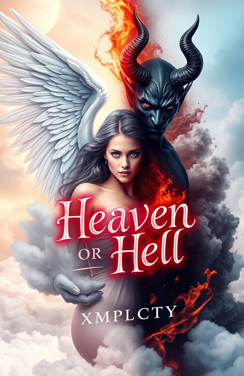 An imaginative book cover design for a fantasy novel titled 'Heaven or Hell' by XMPLCTY