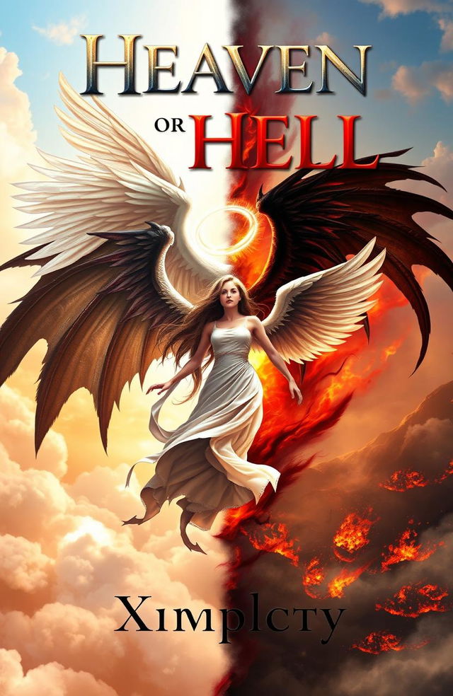 Book cover design for 'Heaven or Hell' by Xmplcty, featuring an epic fantasy scene with a radiant angel, with large white wings and a glowing halo, battling a fierce demon, with dark, shadowy wings and fiery eyes, both swirling around a central female figure with long flowing hair caught between them