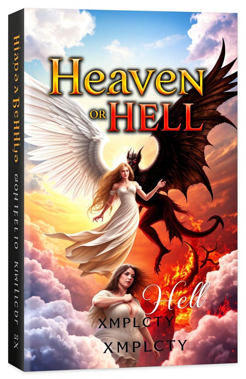 Book cover design for 'Heaven or Hell' by Xmplcty, featuring an epic fantasy scene with a radiant angel, with large white wings and a glowing halo, battling a fierce demon, with dark, shadowy wings and fiery eyes, both swirling around a central female figure with long flowing hair caught between them