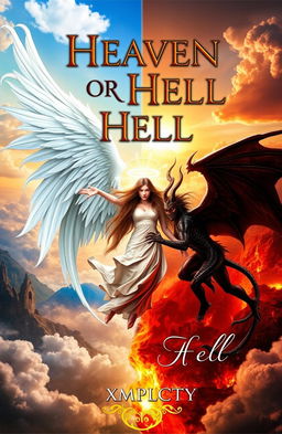 Book cover design for 'Heaven or Hell' by Xmplcty, featuring an epic fantasy scene with a radiant angel, with large white wings and a glowing halo, battling a fierce demon, with dark, shadowy wings and fiery eyes, both swirling around a central female figure with long flowing hair caught between them