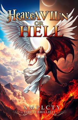 Book cover design for 'Heaven or Hell' by Xmplcty, featuring an epic fantasy scene with a radiant angel, with large white wings and a glowing halo, battling a fierce demon, with dark, shadowy wings and fiery eyes, both swirling around a central female figure with long flowing hair caught between them