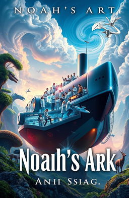 A visually striking book cover for 'Noah's Ark' by Xmplcty, featuring a massive, modern ship that resembles an ark brimming with scientists