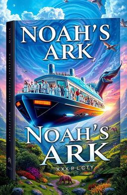 A visually striking book cover for 'Noah's Ark' by Xmplcty, featuring a massive, modern ship that resembles an ark brimming with scientists