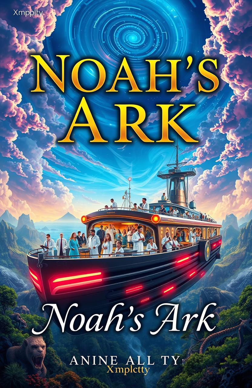 A visually striking book cover for 'Noah's Ark' by Xmplcty, featuring a massive, modern ship that resembles an ark brimming with scientists