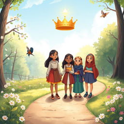 A heartwarming story illustration depicting young girls on a journey, standing on a winding path symbolizing their pursuit of sexual purity