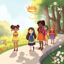 A heartwarming story illustration depicting young girls on a journey, standing on a winding path symbolizing their pursuit of sexual purity