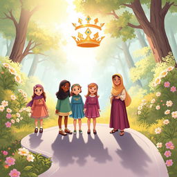 A heartwarming story illustration depicting young girls on a journey, standing on a winding path symbolizing their pursuit of sexual purity