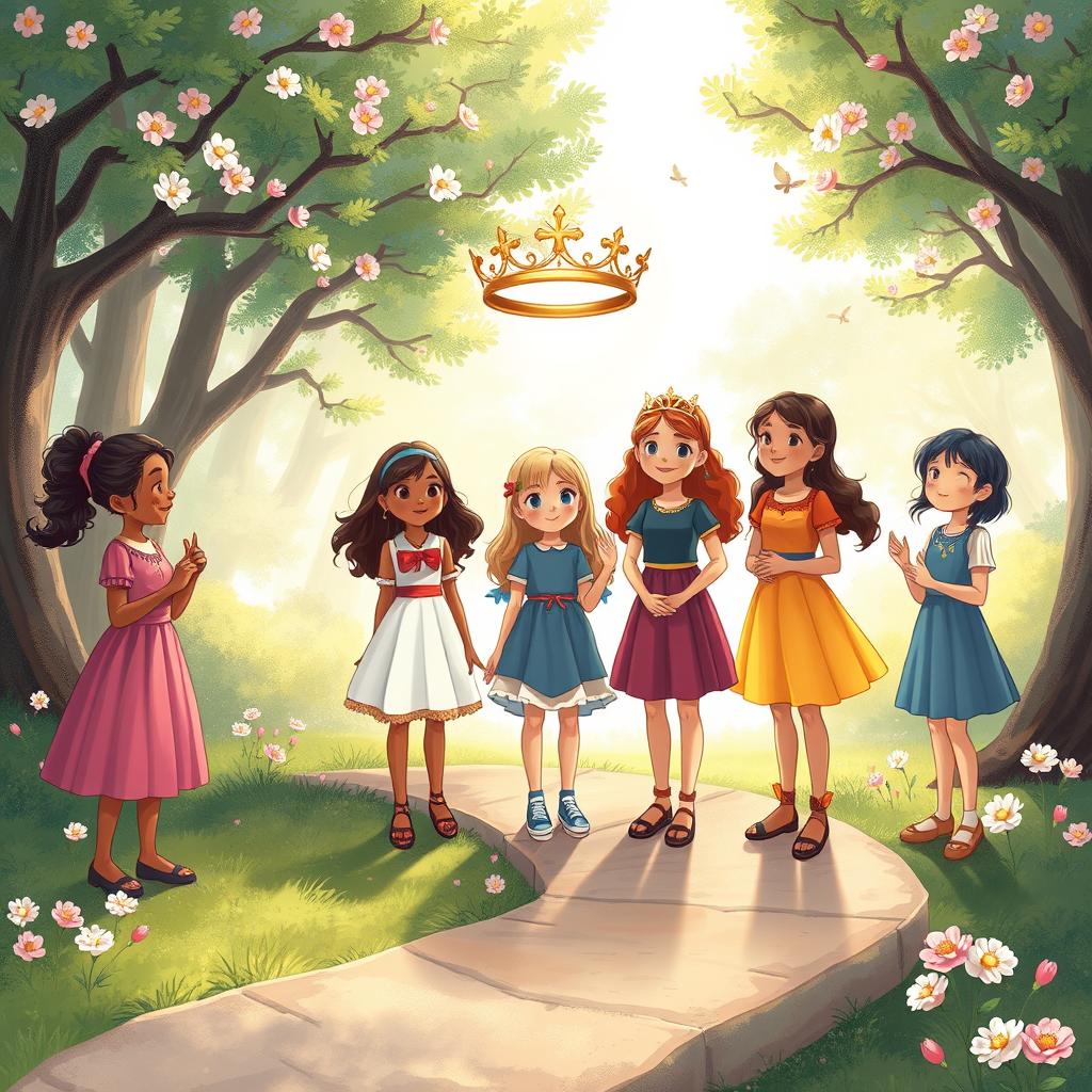 A heartwarming story illustration depicting young girls on a journey, standing on a winding path symbolizing their pursuit of sexual purity