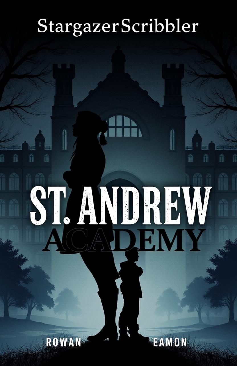 A dramatic and moody book cover illustration featuring two silhouetted figures, Rowan (female) and Eamon (male), standing back-to-back, facing away from the viewer