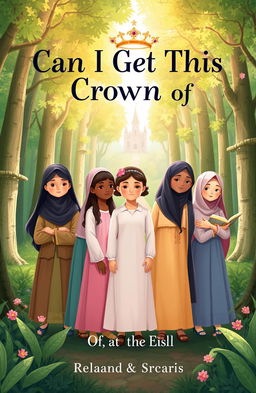 A book cover illustration for 'Can I Get This Crown of Purity', depicting a diverse group of young girls standing together in a lush, enchanting forest