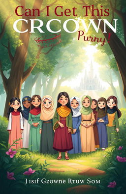 A book cover illustration for 'Can I Get This Crown of Purity', depicting a diverse group of young girls standing together in a lush, enchanting forest