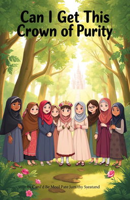 A book cover illustration for 'Can I Get This Crown of Purity', depicting a diverse group of young girls standing together in a lush, enchanting forest