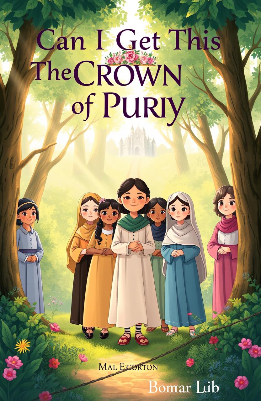 A book cover illustration for 'Can I Get This Crown of Purity', depicting a diverse group of young girls standing together in a lush, enchanting forest