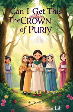 A book cover illustration for 'Can I Get This Crown of Purity', depicting a diverse group of young girls standing together in a lush, enchanting forest