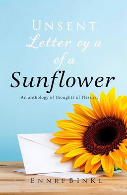 An inspirational book cover titled 'Unsent Letters of a Sunflower: An Anthology of Thoughts', featuring a light blue background that creates a calm and uplifting atmosphere