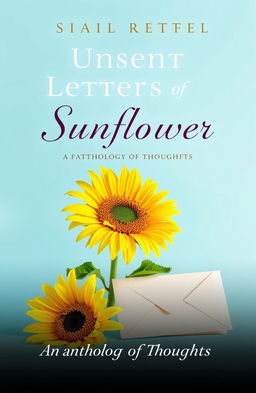 An inspirational book cover titled 'Unsent Letters of a Sunflower: An Anthology of Thoughts', featuring a light blue background that creates a calm and uplifting atmosphere