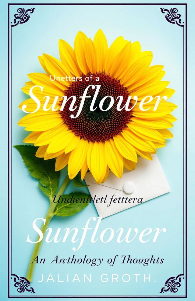 An inspirational book cover titled 'Unsent Letters of a Sunflower: An Anthology of Thoughts', featuring a light blue background that creates a calm and uplifting atmosphere