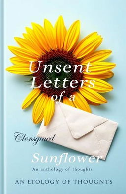 An inspirational book cover titled 'Unsent Letters of a Sunflower: An Anthology of Thoughts', featuring a light blue background that creates a calm and uplifting atmosphere