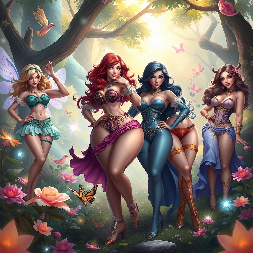 A fantastical scene featuring voluptuous female characters, each with exaggerated curves and dynamic poses, set in a vibrant, enchanted forest