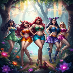 A fantastical scene featuring voluptuous female characters, each with exaggerated curves and dynamic poses, set in a vibrant, enchanted forest