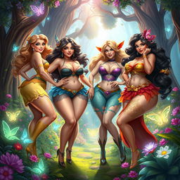 A fantastical scene featuring voluptuous female characters, each with exaggerated curves and dynamic poses, set in a vibrant, enchanted forest