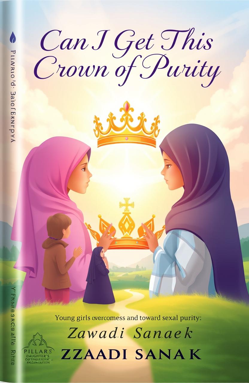 A motivational and inspiring book cover design for 'Can I Get This Crown of Purity' by Zawadi Sanaek, focusing on young girls overcoming challenges in their journey towards sexual purity