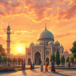 A serene and beautifully detailed Islamic landscape featuring an ornate mosque with a majestic dome, surrounded by lush gardens and intricate tilework