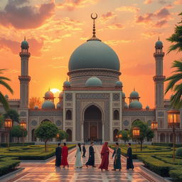 A serene and beautifully detailed Islamic landscape featuring an ornate mosque with a majestic dome, surrounded by lush gardens and intricate tilework