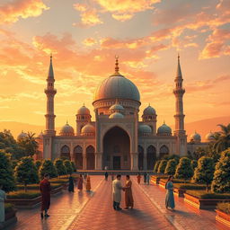 A serene and beautifully detailed Islamic landscape featuring an ornate mosque with a majestic dome, surrounded by lush gardens and intricate tilework