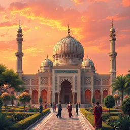 A serene and beautifully detailed Islamic landscape featuring an ornate mosque with a majestic dome, surrounded by lush gardens and intricate tilework