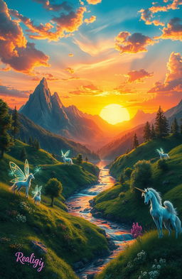 A captivating and imaginative representation of a mystical landscape called Realigi, featuring lush greenery, towering mountains in the background, and a vibrant sunset casting warm hues across the sky