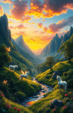 A captivating and imaginative representation of a mystical landscape called Realigi, featuring lush greenery, towering mountains in the background, and a vibrant sunset casting warm hues across the sky