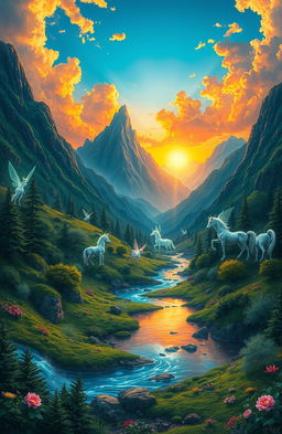 A captivating and imaginative representation of a mystical landscape called Realigi, featuring lush greenery, towering mountains in the background, and a vibrant sunset casting warm hues across the sky