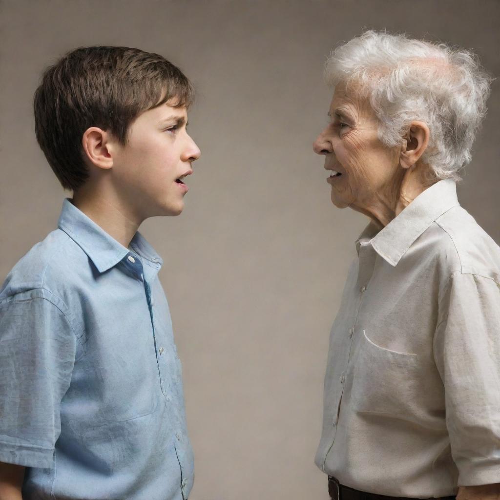 Visualize the lifelong journey of two siblings who frequently argue, depicted at various stages until their old age, still arguing but with a hint of fondness and shared history