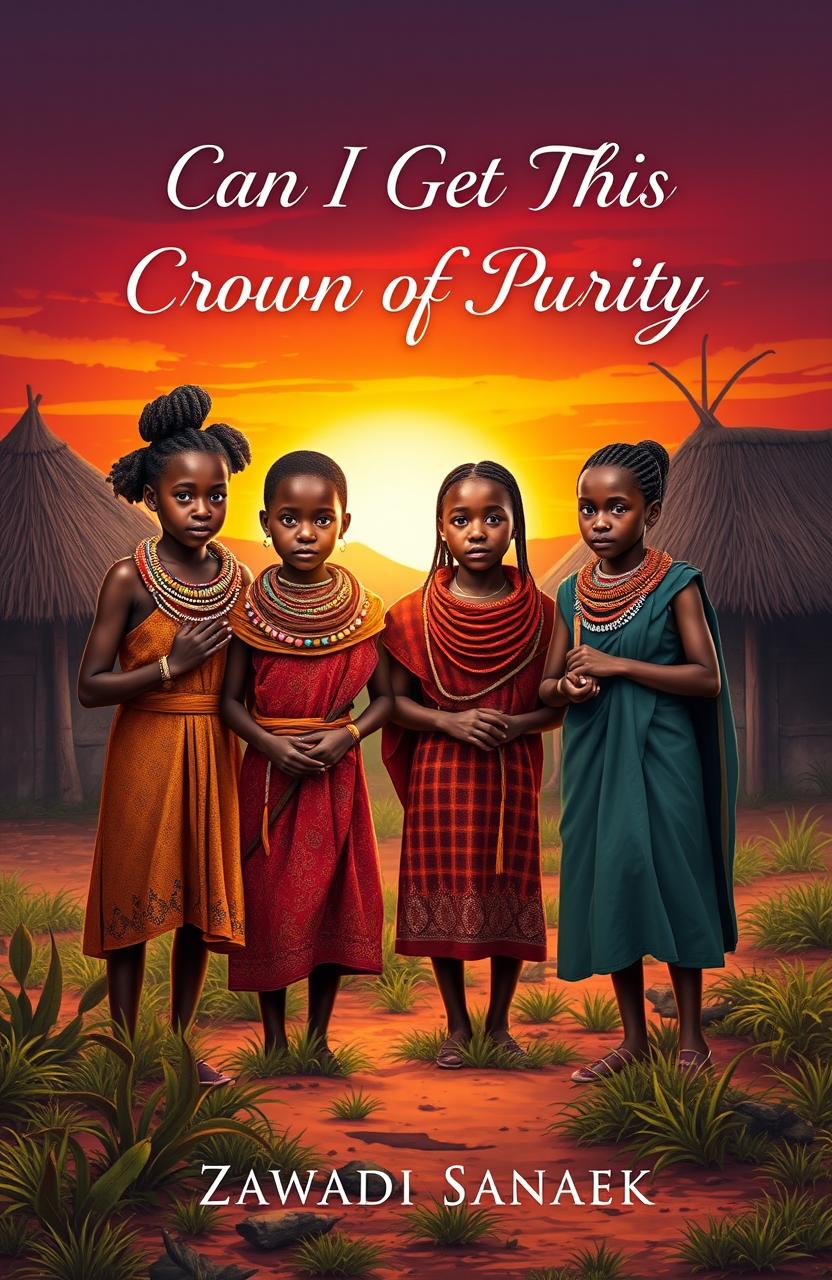 A captivating book cover design for the story titled 'Can I Get This Crown of Purity' by Zawadi Sanaek, featuring five Maasai young girls with traditional attire, each displaying unique expressions of determination and strength