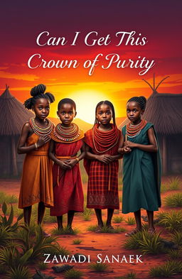 A captivating book cover design for the story titled 'Can I Get This Crown of Purity' by Zawadi Sanaek, featuring five Maasai young girls with traditional attire, each displaying unique expressions of determination and strength