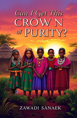 A captivating book cover design for the story titled 'Can I Get This Crown of Purity' by Zawadi Sanaek, featuring five Maasai young girls with traditional attire, each displaying unique expressions of determination and strength