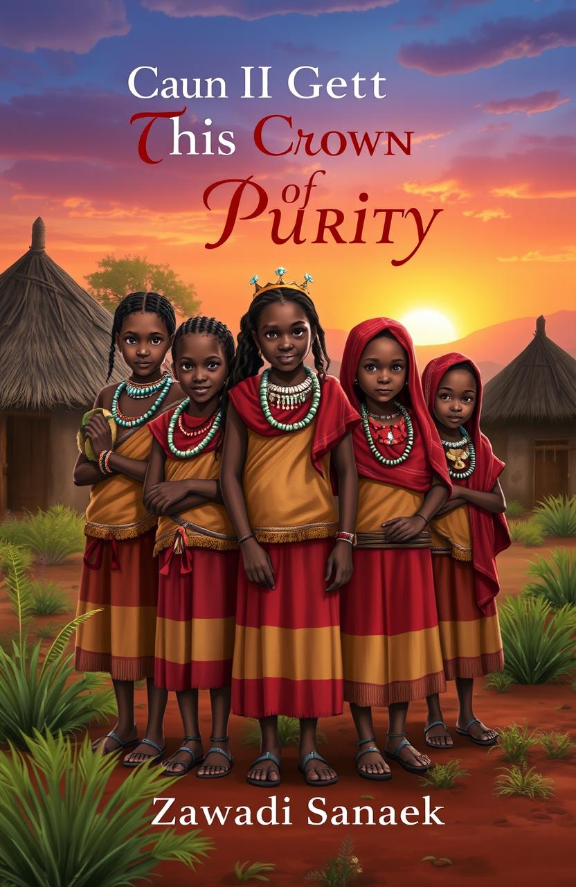 A captivating book cover design for the story titled 'Can I Get This Crown of Purity' by Zawadi Sanaek, featuring five Maasai young girls with traditional attire, each displaying unique expressions of determination and strength