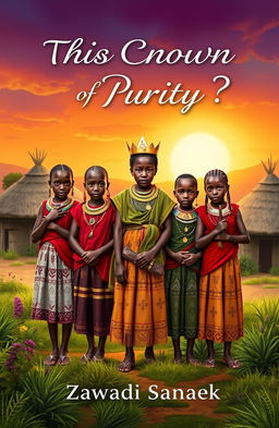 A captivating book cover design for the story titled 'Can I Get This Crown of Purity' by Zawadi Sanaek, featuring five Maasai young girls with traditional attire, each displaying unique expressions of determination and strength