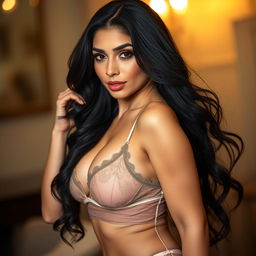 A stunning Latin woman with long, flowing black hair, confidently posing in elegant lingerie that accentuates her curves